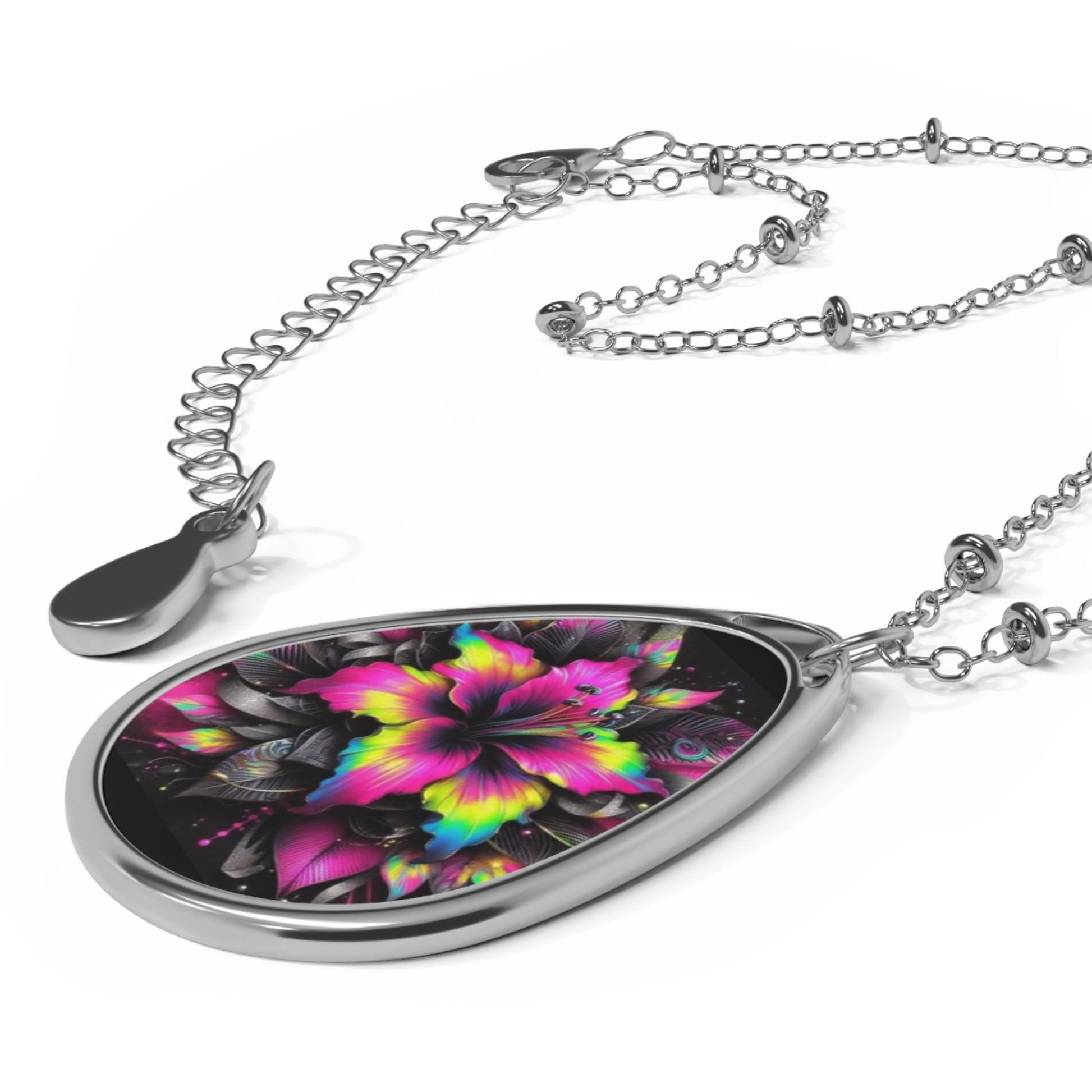 Oval Floral Pendant Necklace — Colorful Hibiscus Teardrop Jewelry - Ramshackle Shack