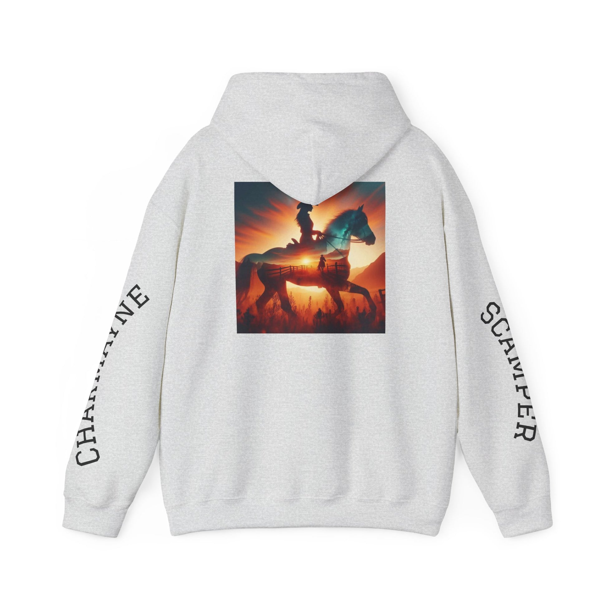 Western minimalist rider hoodie with personalized bull skull and prairie sunset design, featuring a comfortable hoodie and rustic style.