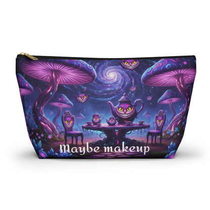 Cheshire Cat mushroom accessory pouch by Printify featuring whimsical design, perfect for makeup or snacks storage.