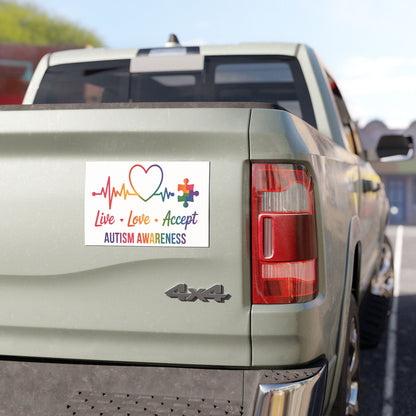 Autism awareness car magnet with rainbow puzzle heart and "Live Love Accept" message, designed for home decor and vehicle display.