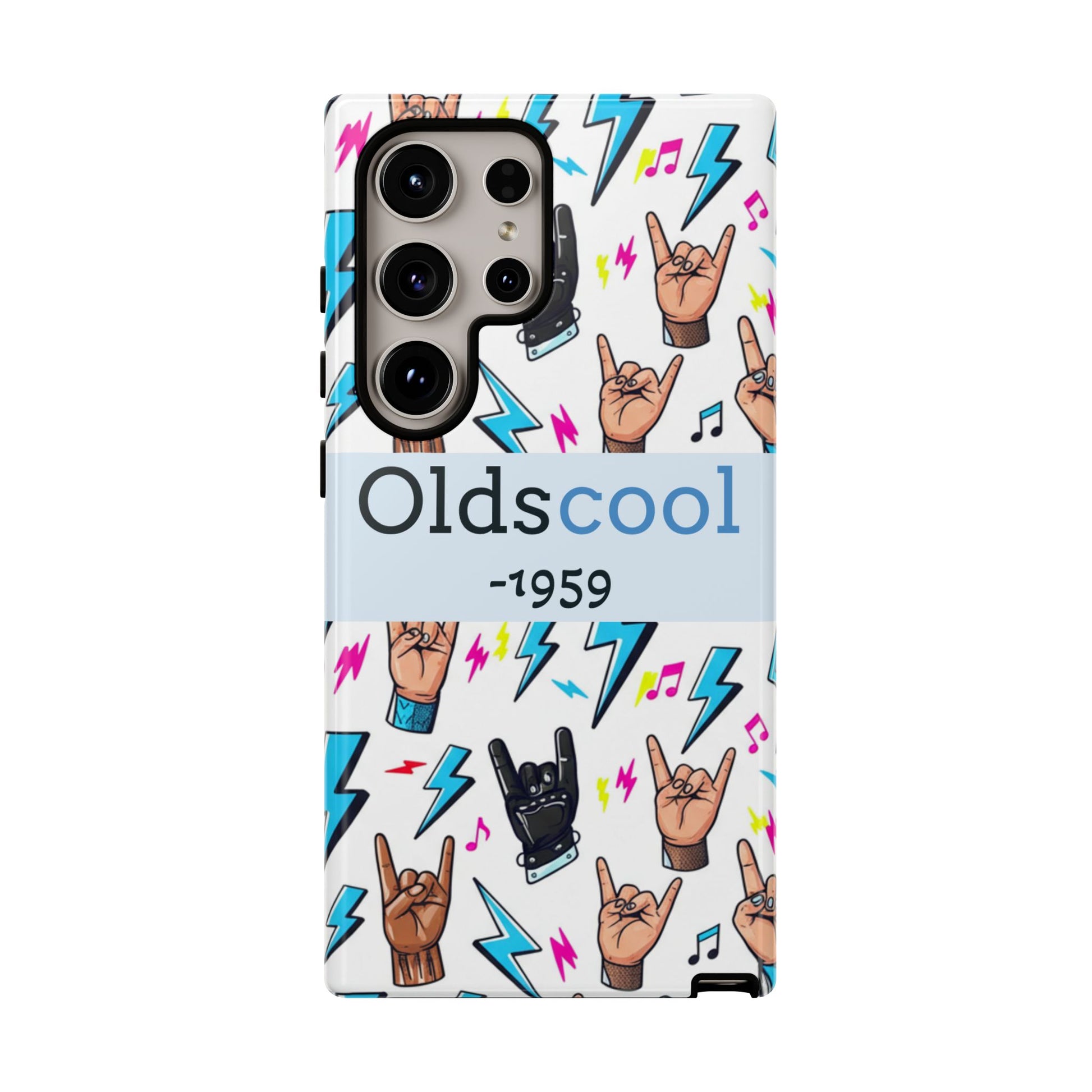 Retro Rock 'Oldscool 1959' Phone Case – Lightning & Rock Hand Pattern - Ramshackle Shack