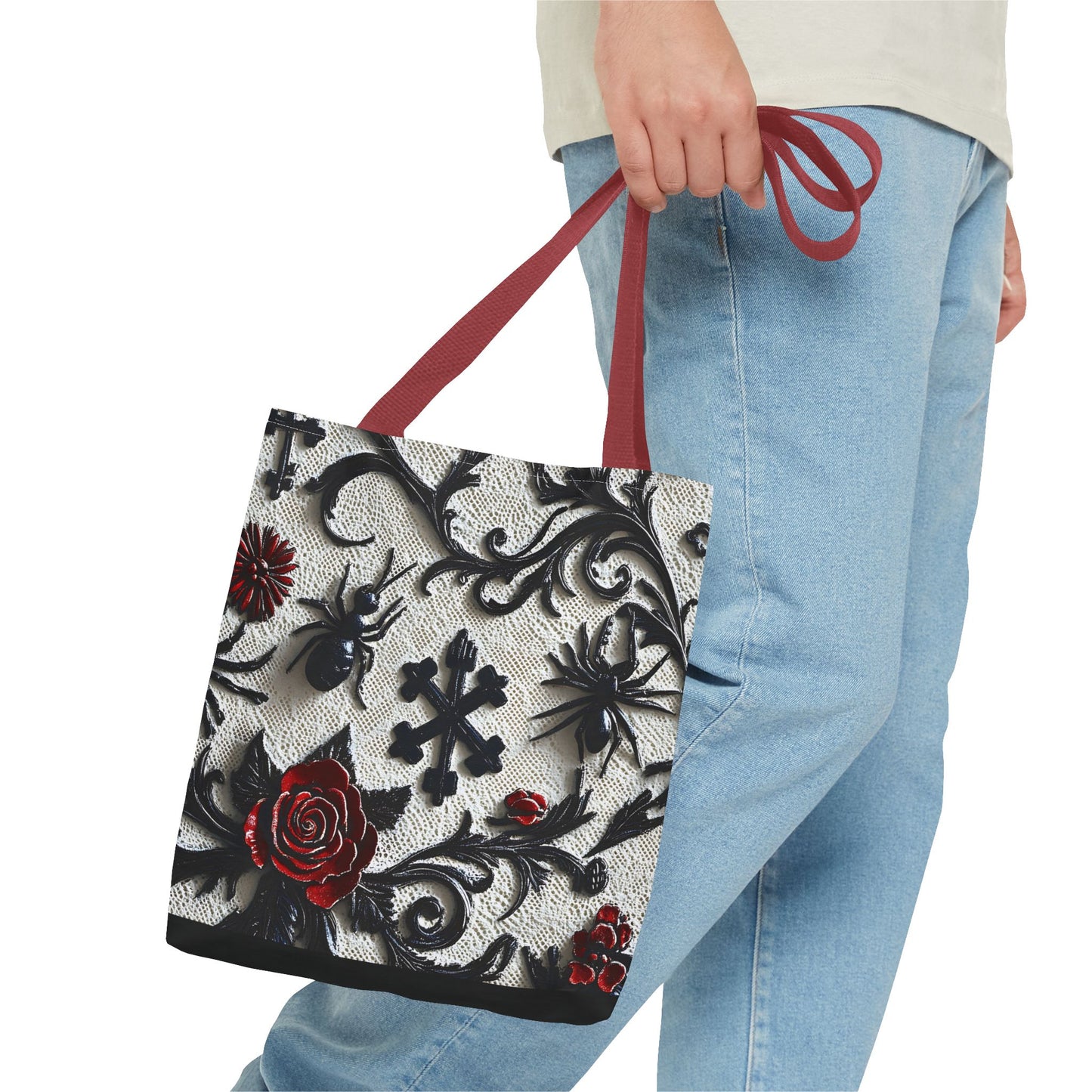 Gothic filigree tote bag with ornate dark floral all-over print, stylish bag from Printify featuring intricate design details.