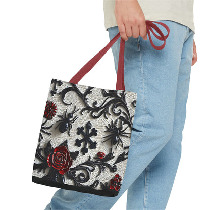 Gothic filigree tote bag with ornate dark floral all-over print, stylish bag from Printify featuring intricate design details.
