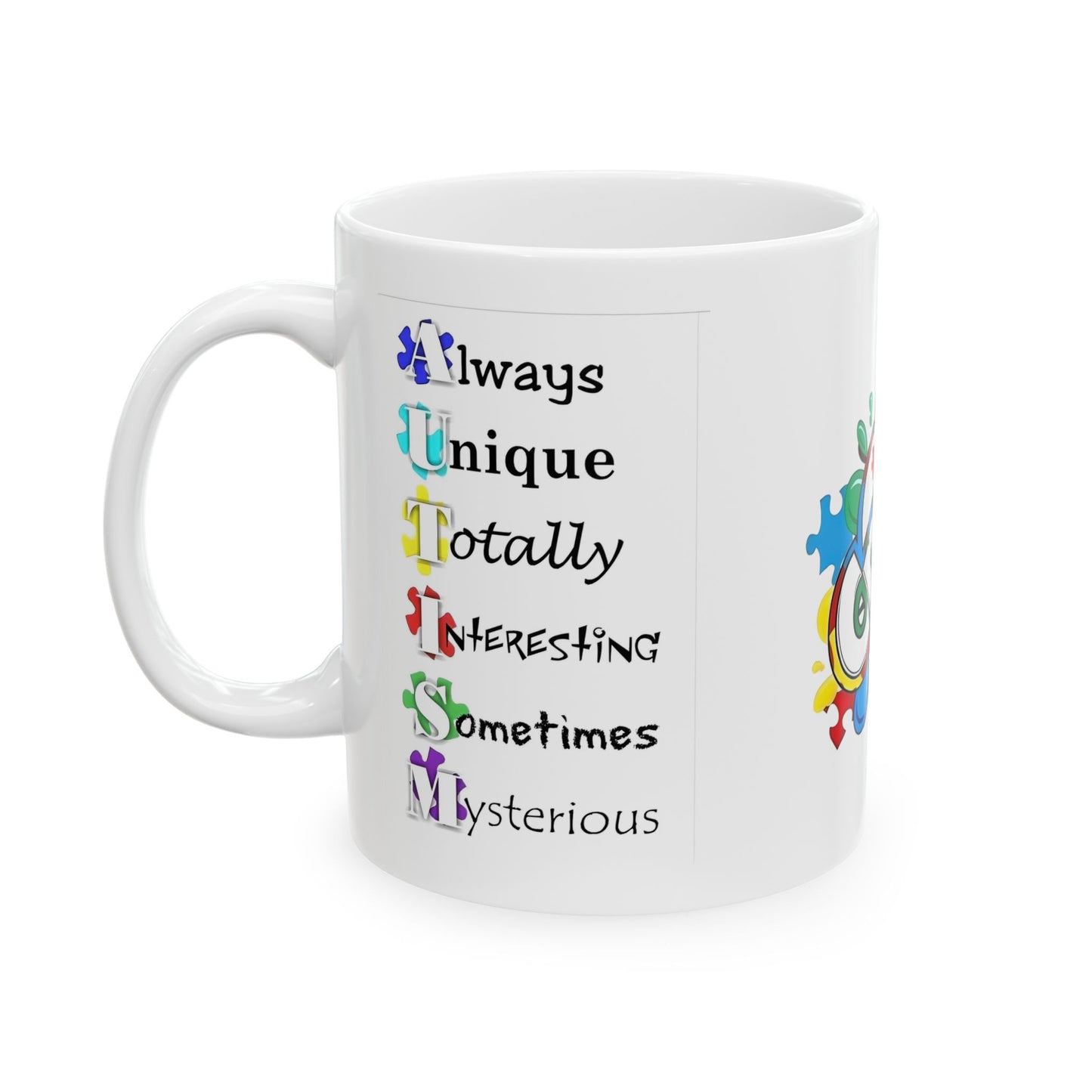 Colorful Crush Autism ceramic mug featuring puzzle piece design, available in 11oz and 15oz sizes by Printify.
