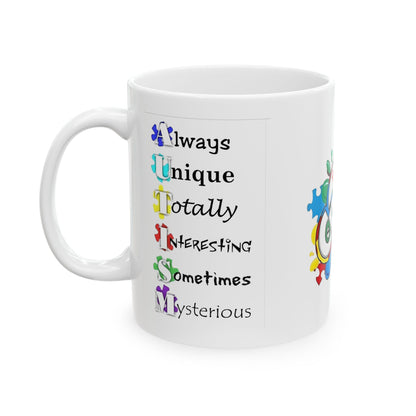 Colorful Crush Autism ceramic mug featuring puzzle piece design, available in 11oz and 15oz sizes by Printify.