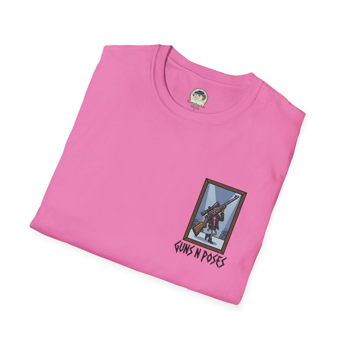 Black T-shirt featuring artwork from "Guns in Poses" gallery, showcasing high-caliber gun illustrations on the front.