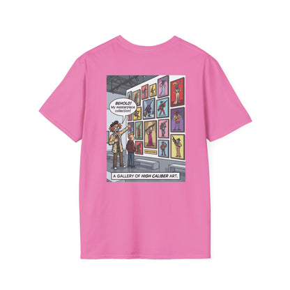 Black T-shirt featuring artistic gun illustrations in dynamic poses from the "Guns in Poses" high caliber art collection by Printify.