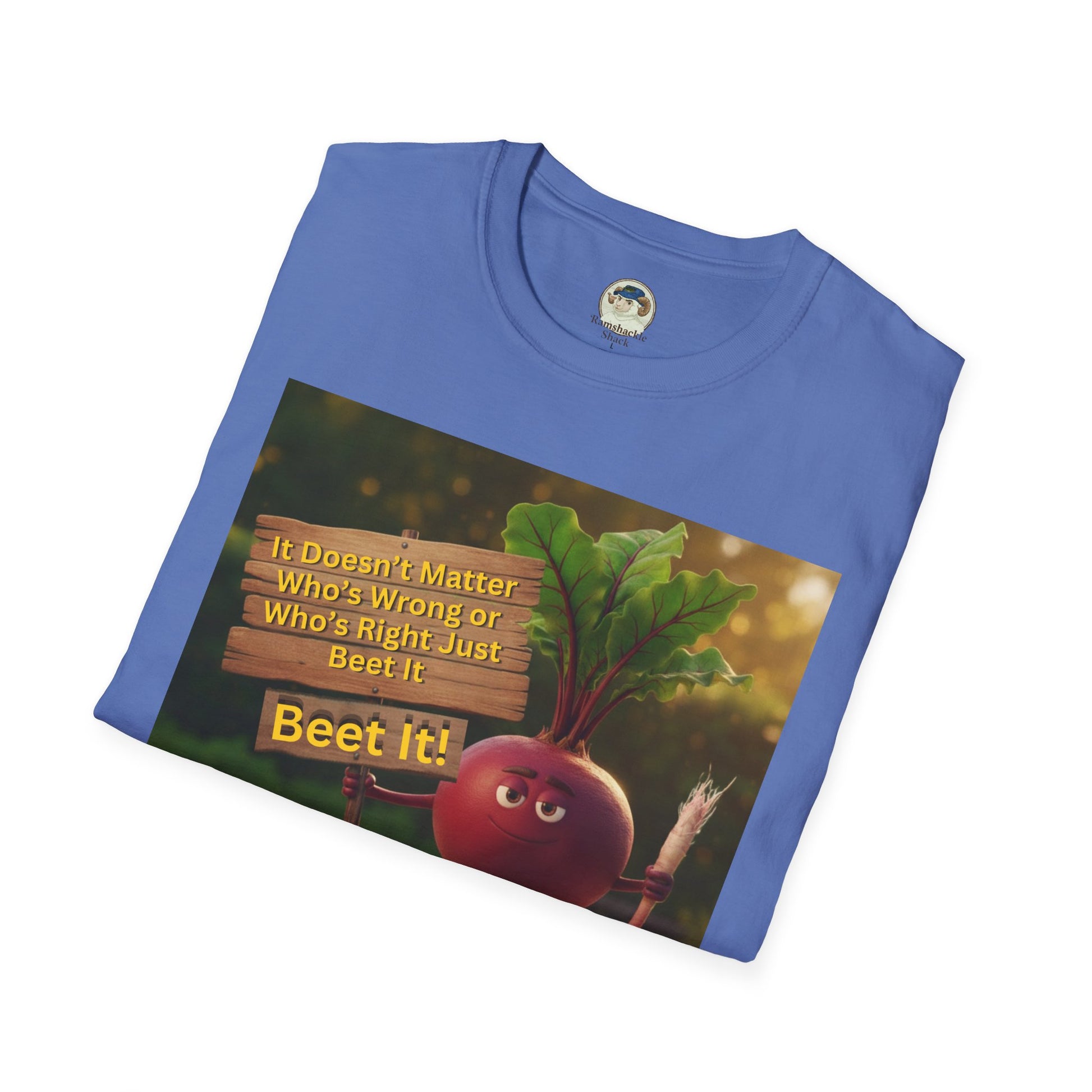 Unisex softstyle T-shirt featuring a humorous beetroot graphic design by Printify, casual style with vibrant print.