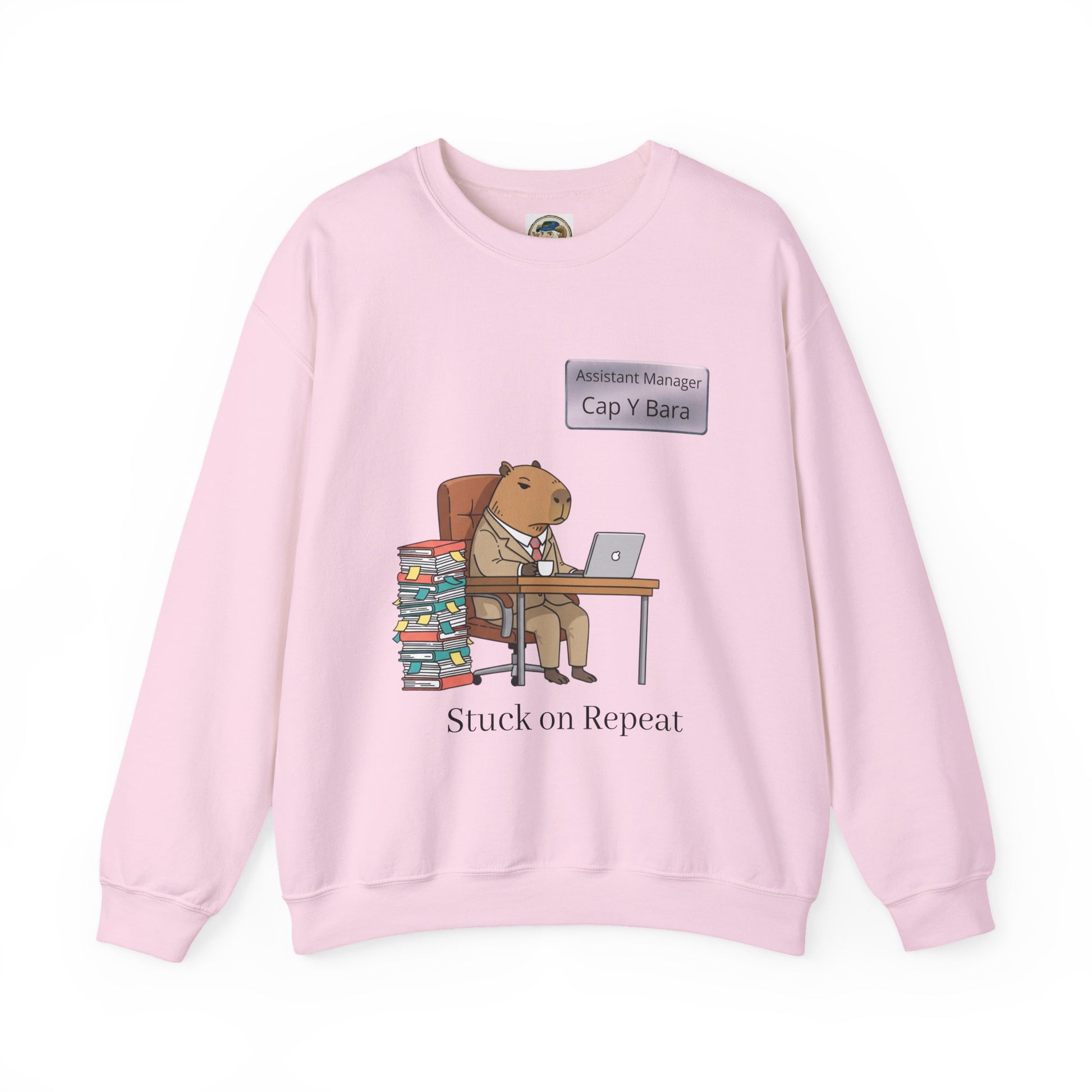 Gray sweatshirt featuring an illustration of an office capybara at a desk, representing adulting in a humorous animal bureaucracy theme.