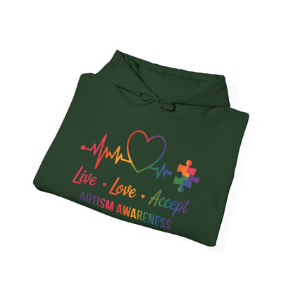 Autism Awareness Hoodie — "Live, Love, Accept" Heartbeat Puzzle-Rainbow - Ramshackle Shack