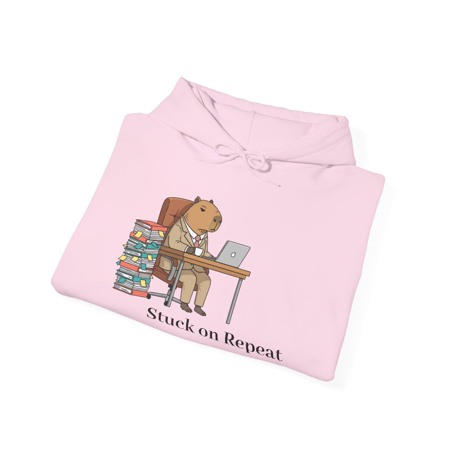 Capybara in suit printed hoodie by Printify featuring a humorous animal design on a cozy garment.