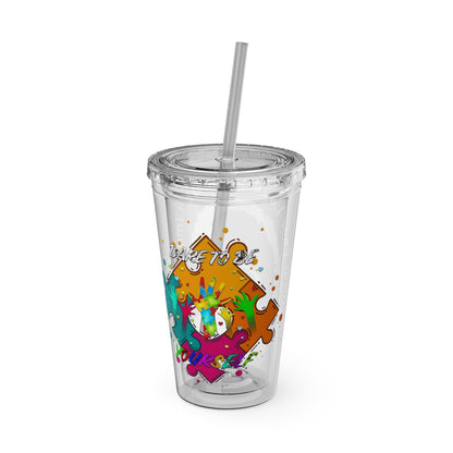16oz Printify Sunsplash Tumbler with straw featuring watercolor elephant and paint-splatter puzzle design.