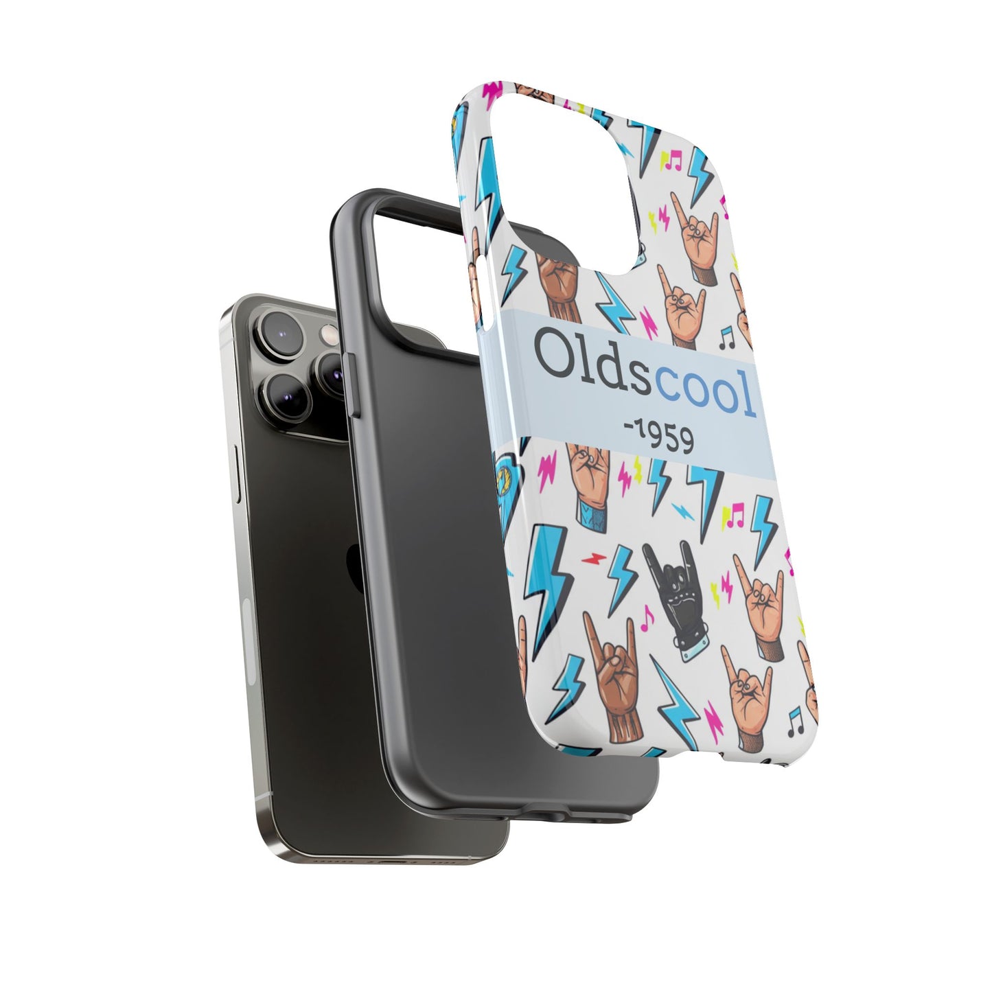 Retro Rock 'Oldscool 1959' Phone Case – Lightning & Rock Hand Pattern - Ramshackle Shack