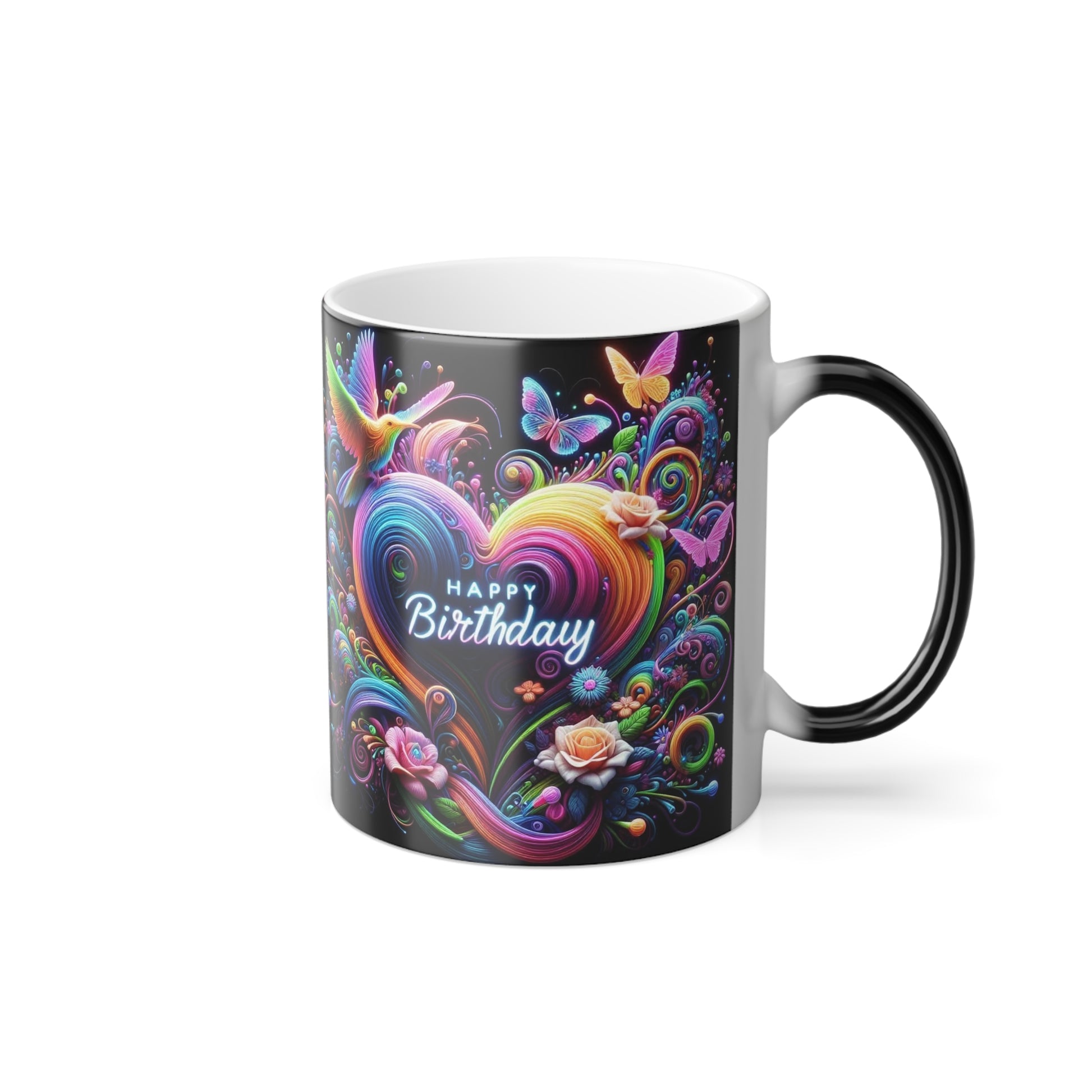 Color Morphing Mug — Neon Floral Heart with Hummingbird & Butterfly, 'Happy Birthday' Heat‑Reveal (11oz) - Ramshackle Shack