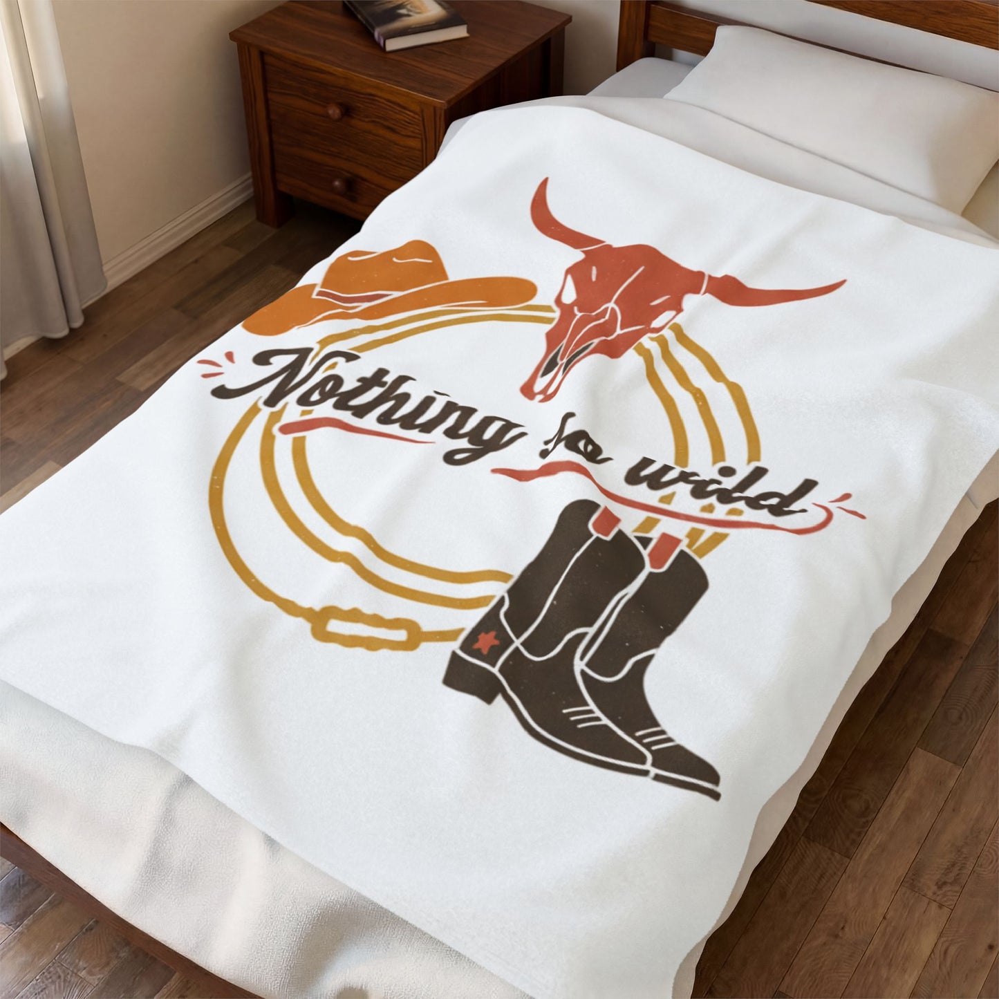Soft velveteen plush blanket with cowboy chic western desert print, featuring all-over desert landscape and minimal Western design.