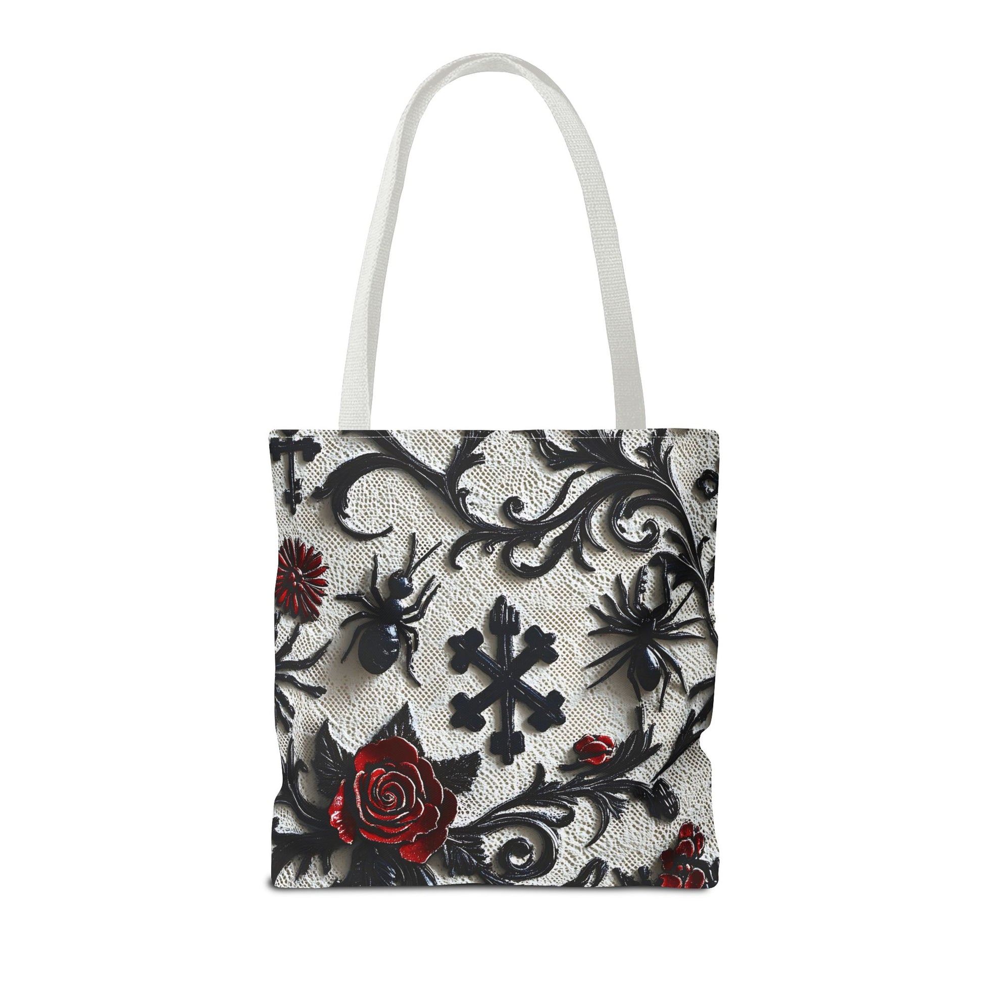 Gothic filigree tote bag by Printify featuring an ornate dark floral all-over print and sturdy handles.