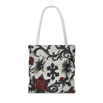 Gothic filigree tote bag by Printify featuring an ornate dark floral all-over print and sturdy handles.