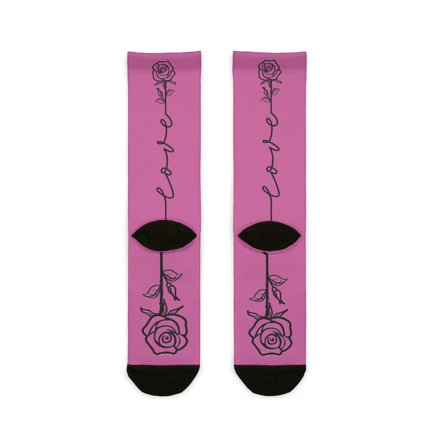 Love Rose crew socks with all-over climbing rose pattern, featuring a single-line floral design, by Printify.