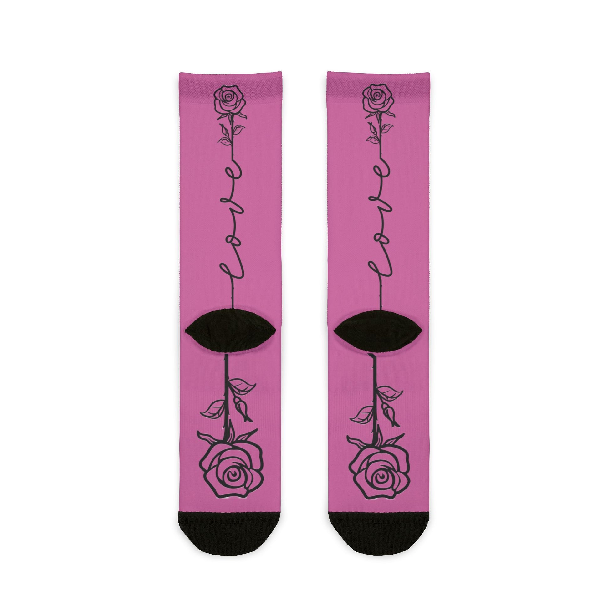 Love Rose crew socks with all-over climbing rose pattern, featuring a single-line floral design, by Printify.