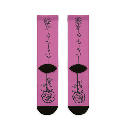 Love Rose crew socks with all-over climbing rose pattern, featuring a single-line floral design, by Printify.