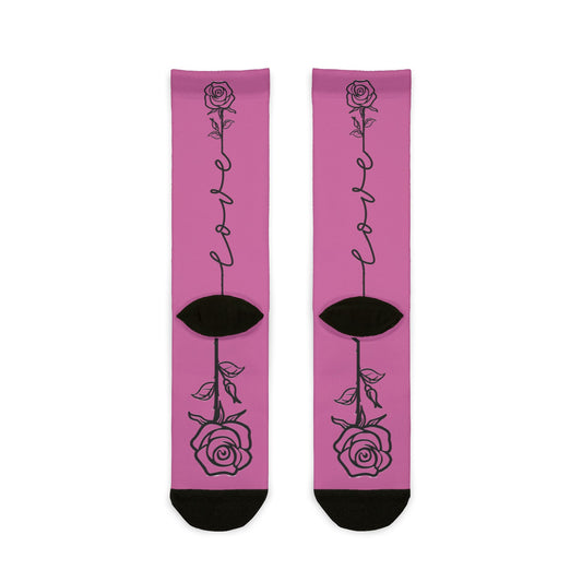 Love Rose crew socks with all-over climbing rose pattern, featuring a single-line floral design, by Printify.