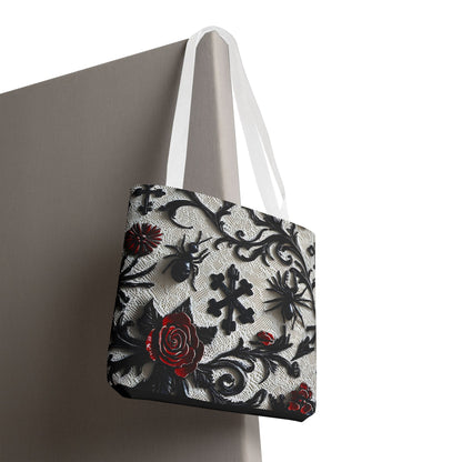 Gothic filigree tote bag with ornate dark floral all-over print, black handles, and detailed gothic design by Printify.