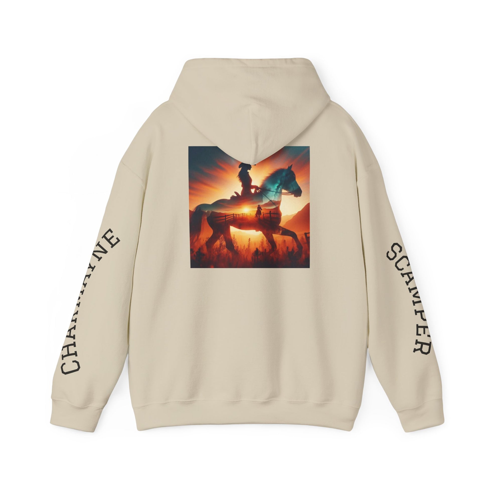 Western minimalist rider hoodie featuring a personalized bull skull and prairie sunset design on a cozy hoodie.