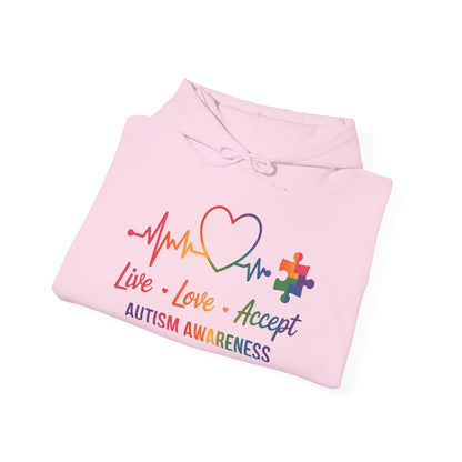 Autism Awareness Hoodie — "Live, Love, Accept" Heartbeat Puzzle-Rainbow - Ramshackle Shack