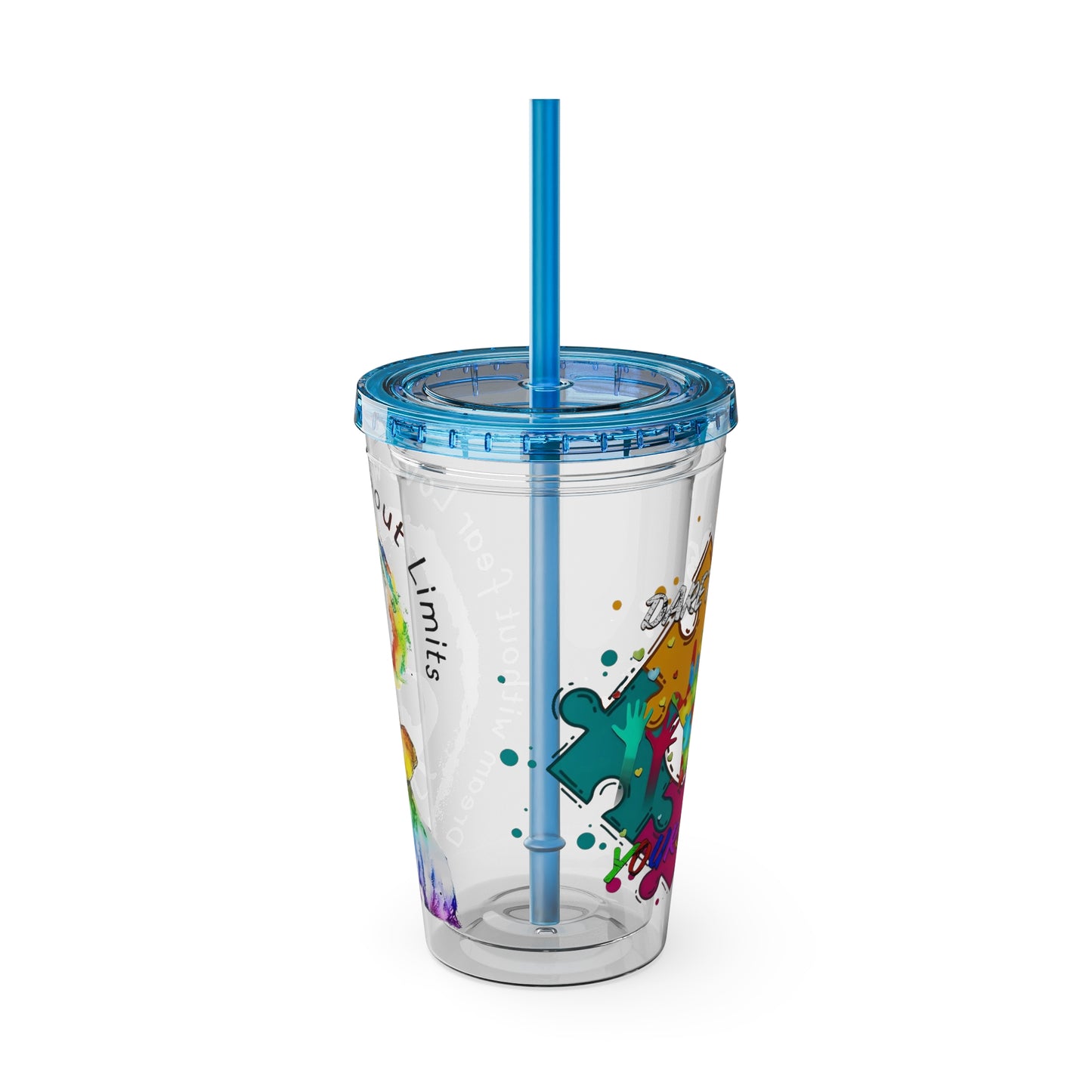 16oz Printify Sunsplash Tumbler featuring a watercolor elephant and paint-splatter puzzle design.
