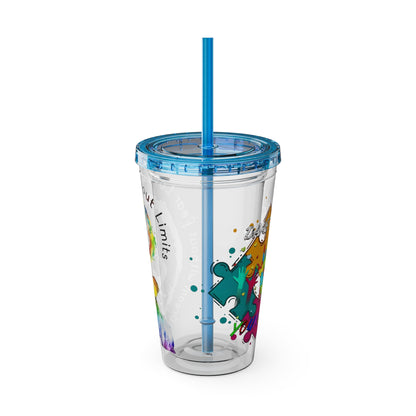16oz Printify Sunsplash Tumbler featuring a watercolor elephant and paint-splatter puzzle design.