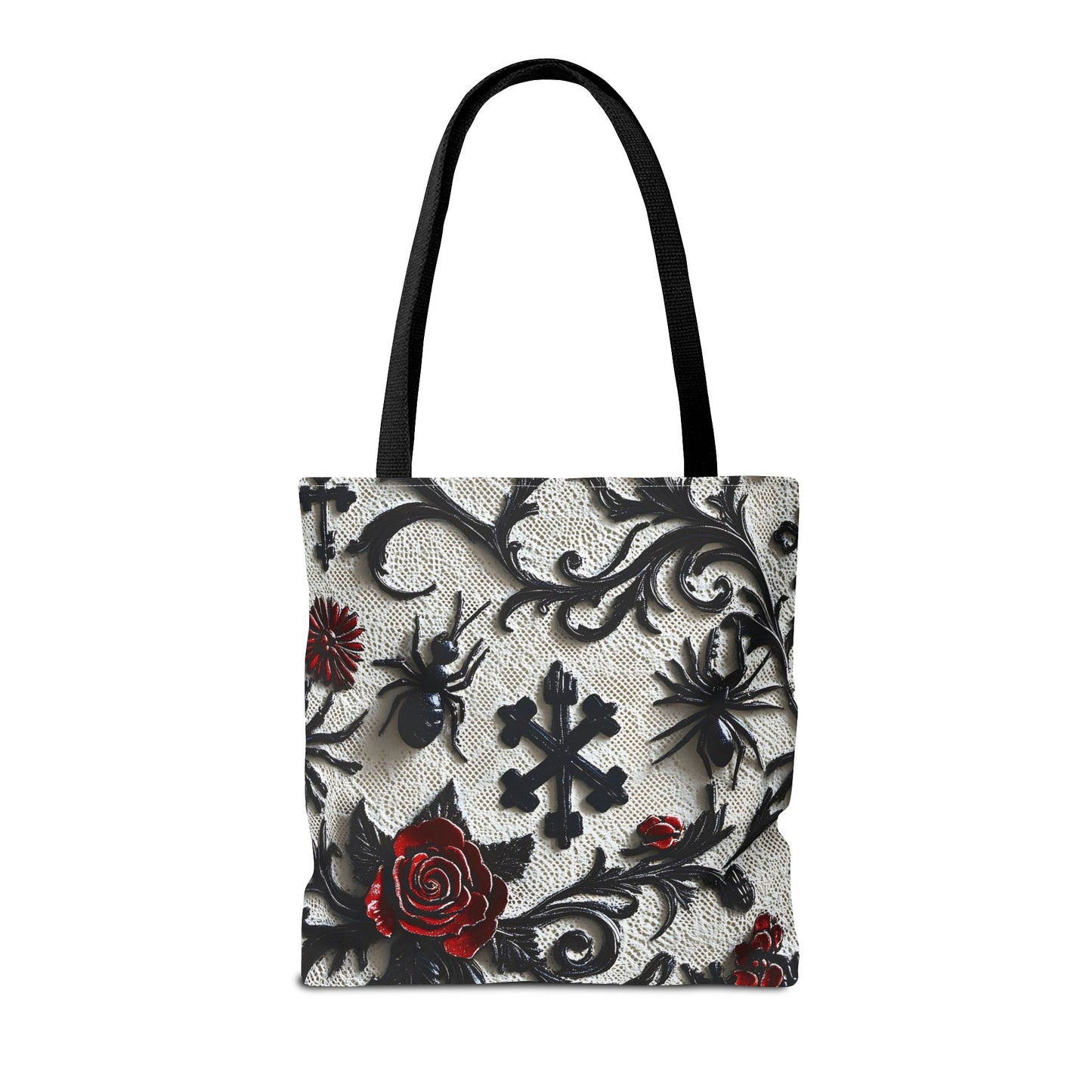 Gothic filigree tote bag with ornate dark floral print, showcasing a stylish, all-over floral design on a durable bag.