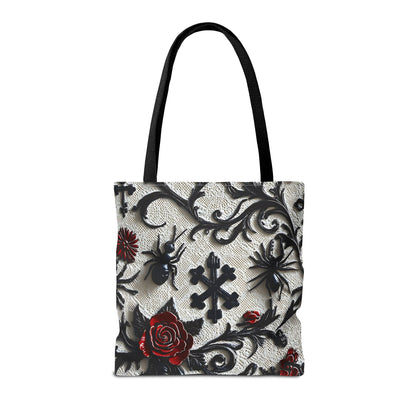 Gothic filigree tote bag with ornate dark floral print, showcasing a stylish, all-over floral design on a durable bag.