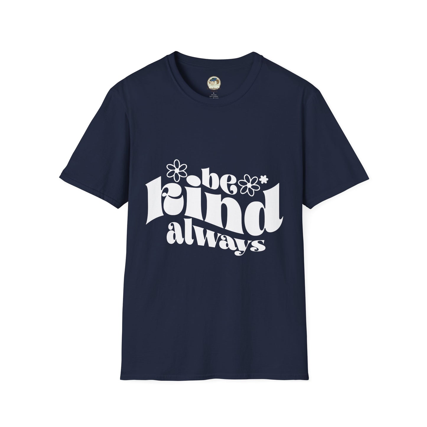 Unisex softstyle T-shirt with "Be Kind Always" and "Don't Be A Dickasaurus" printed design, in black fabric.