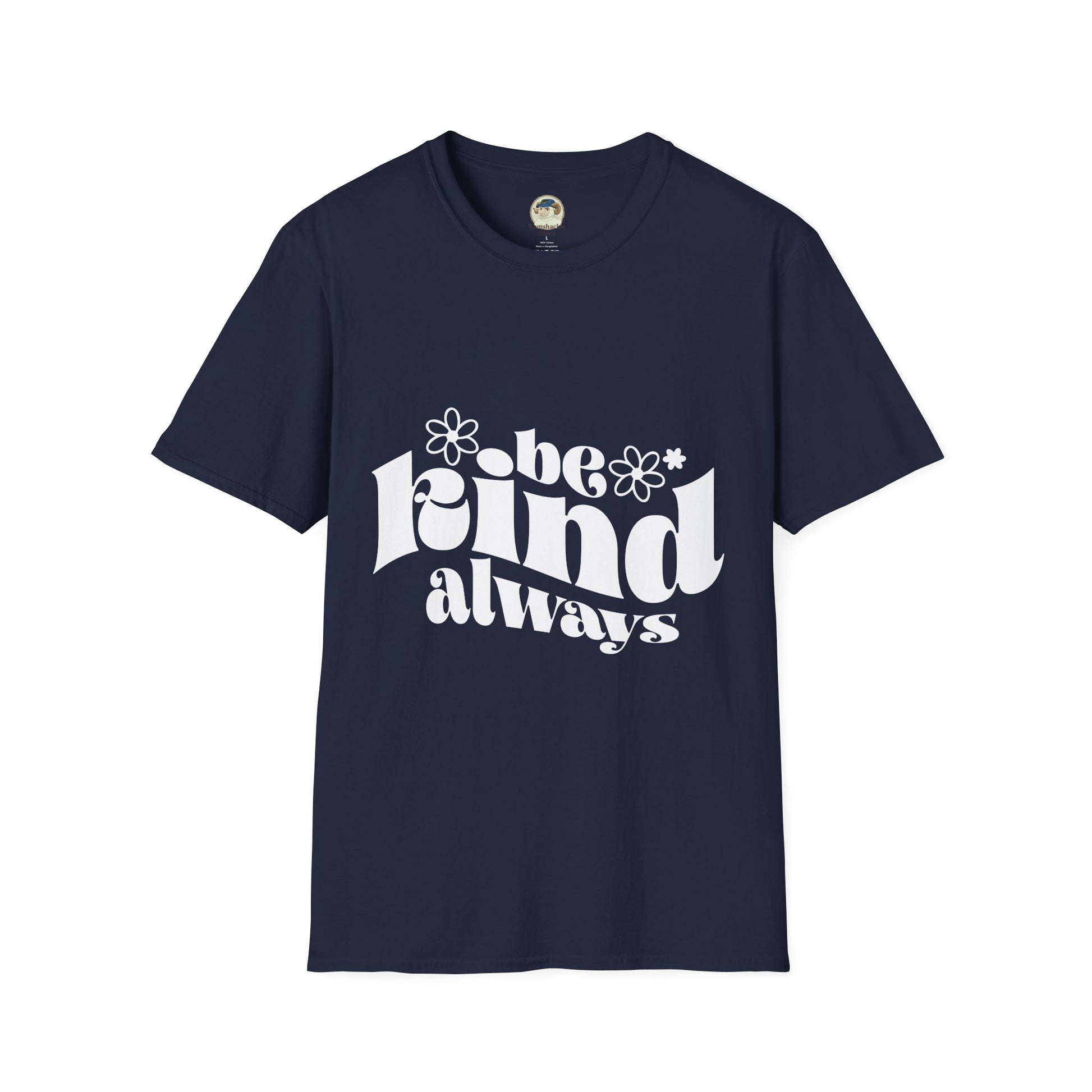 Unisex softstyle T-shirt with "Be Kind Always" and "Don't Be A Dickasaurus" printed design, in black fabric.