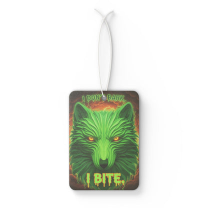 Neon wolf-shaped air freshener with "I Don't Bark I Bite" text, designed as a car accessory by Printify.