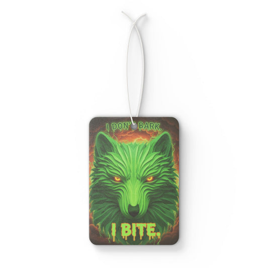 Neon wolf-shaped air freshener with "I Don't Bark I Bite" text, designed as a car accessory by Printify.