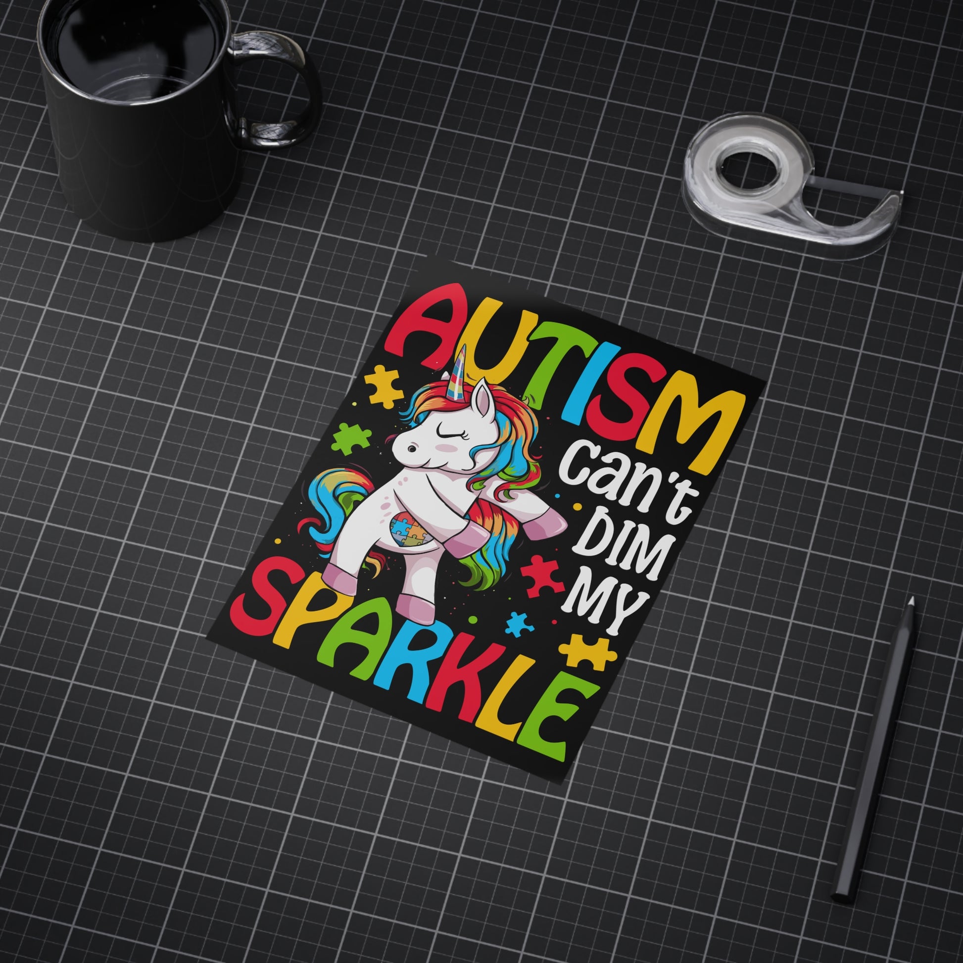 Autism Can't Dim My Sparkle print on paper product, colorful design promoting awareness and positivity.