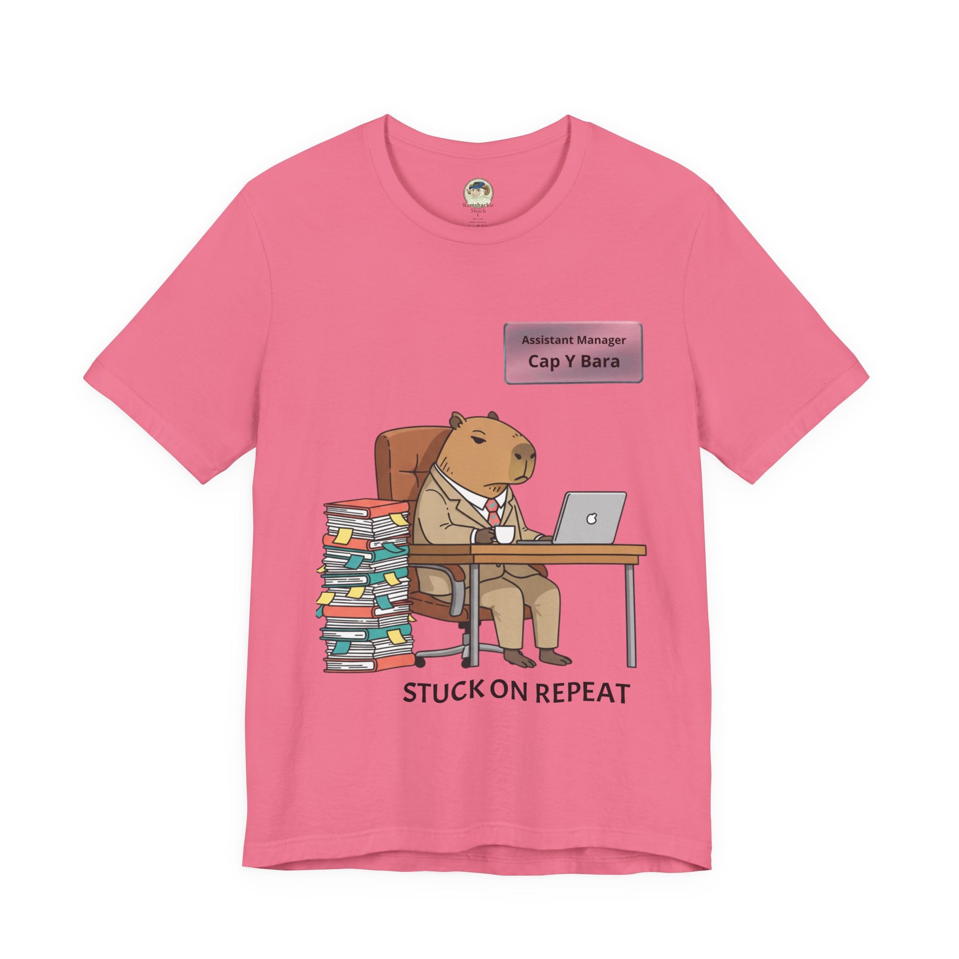 Gray T-shirt featuring a capybara in a suit graphic and personalized nameplate design, perfect for casual wear and animal lovers.