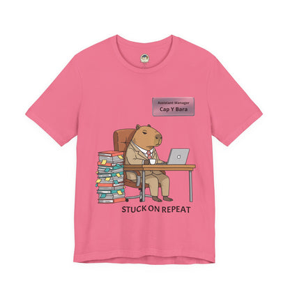 Gray T-shirt featuring a capybara in a suit graphic and personalized nameplate design, perfect for casual wear and animal lovers.