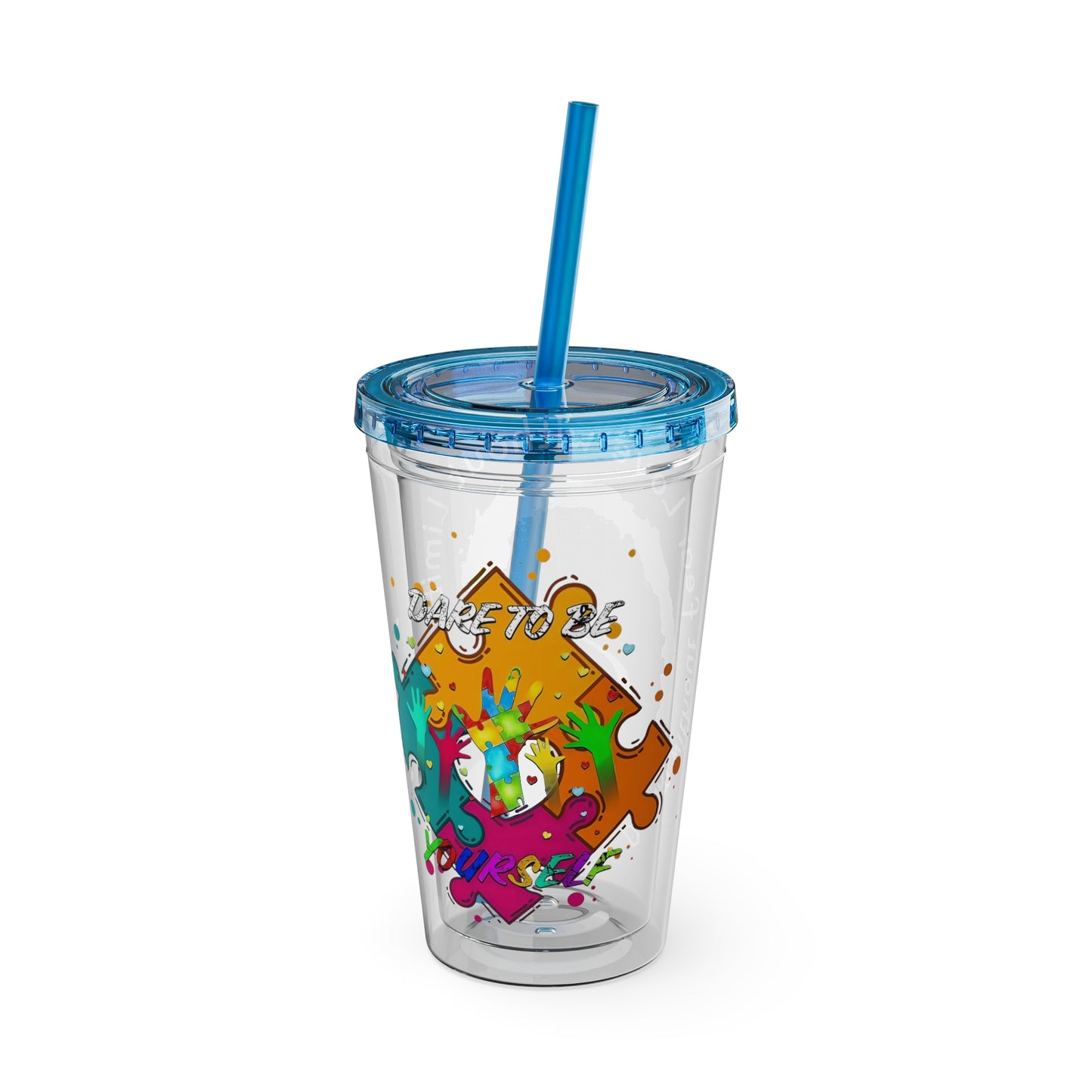 16oz Printify Sunsplash tumbler featuring a watercolor elephant design and paint-splatter puzzle art.