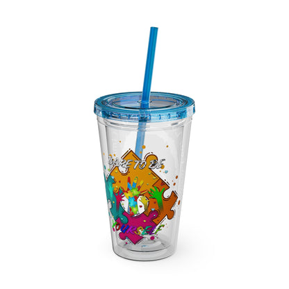 16oz Printify Sunsplash tumbler featuring a watercolor elephant design and paint-splatter puzzle art.