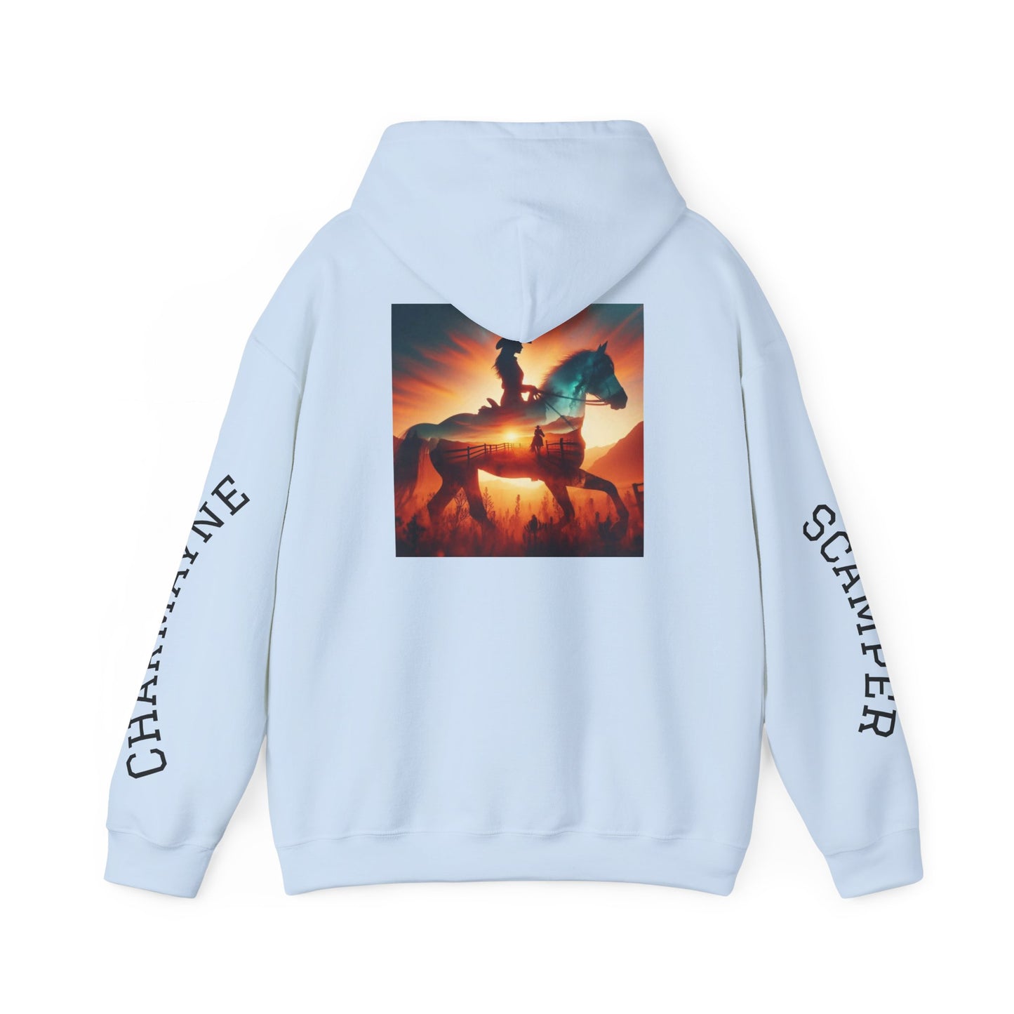 Western minimalist rider hoodie with bull skull and prairie sunset design, personalized "Nothing So Wild" Printify hoodie.