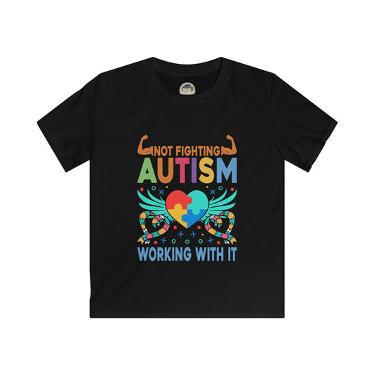 Kids Autism Awareness T-Shirt — "Not Fighting Autism, Working With It" Puzzle Ribbon Tee - Ramshackle Shack