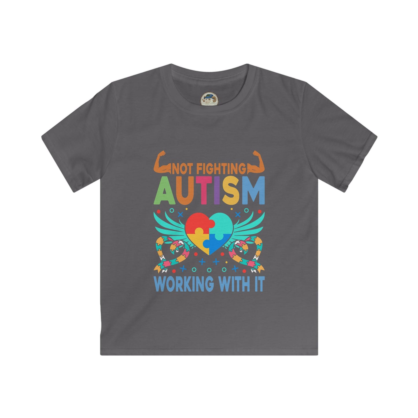 Kids Autism Awareness T-Shirt — "Not Fighting Autism, Working With It" Puzzle Ribbon Tee - Ramshackle Shack