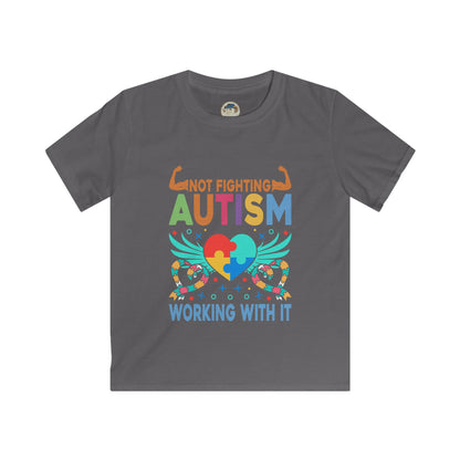 Kids Autism Awareness T-Shirt — "Not Fighting Autism, Working With It" Puzzle Ribbon Tee - Ramshackle Shack