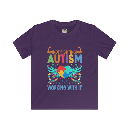 Kids Autism Awareness T-Shirt — "Not Fighting Autism, Working With It" Puzzle Ribbon Tee - Ramshackle Shack