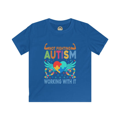 Kids Autism Awareness T-Shirt — "Not Fighting Autism, Working With It" Puzzle Ribbon Tee - Ramshackle Shack