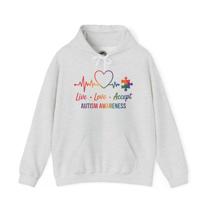 Autism Awareness Hoodie — "Live, Love, Accept" Heartbeat Puzzle-Rainbow - Ramshackle Shack
