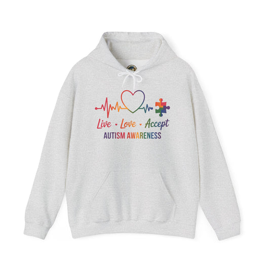 Autism Awareness Hoodie — "Live, Love, Accept" Heartbeat Puzzle-Rainbow - Ramshackle Shack