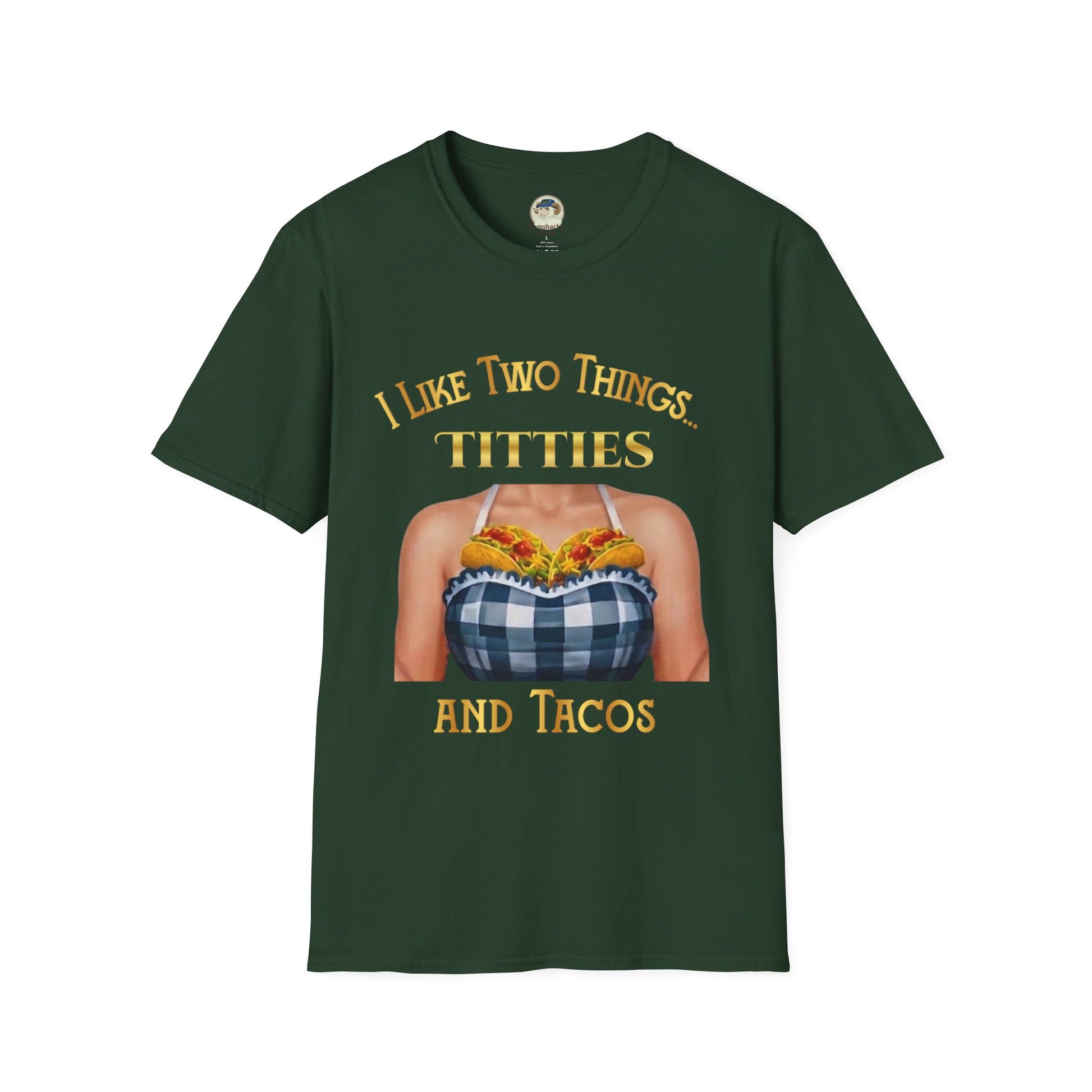 Funny graphic T-shirt from Printify featuring the phrase “I Like Two Things: Titties and Tacos” on a casual taco-themed tee.